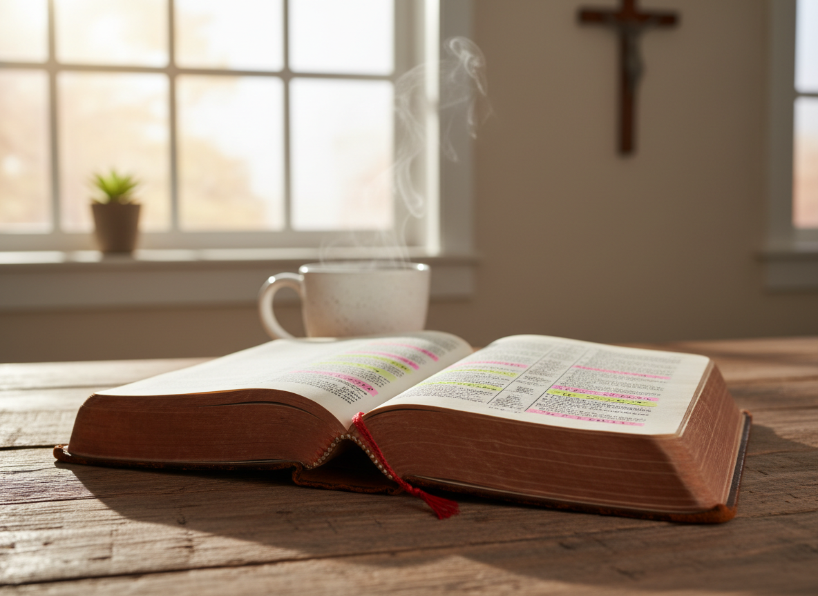 A well-worn leather Bible with a soft, textured cover lies open on a simple wooden table, its thin, slightly curled pages revealing highlighted verses and a delicate ribbon bookmark. Behind it, a ceramic mug of tea releases a faint swirl of steam. The scene is set near a large window where soft morning light pours in, casting gentle, elongated shadows and subtle reflections on the wood grain. The background is slightly blurred, suggesting a quiet, uncluttered room with a potted plant and a cross on the far wall. Photographic realism, eye-level composition, and a shallow depth of field create a calm, contemplative mood that feels intimate and inviting for personal devotion and reflection.