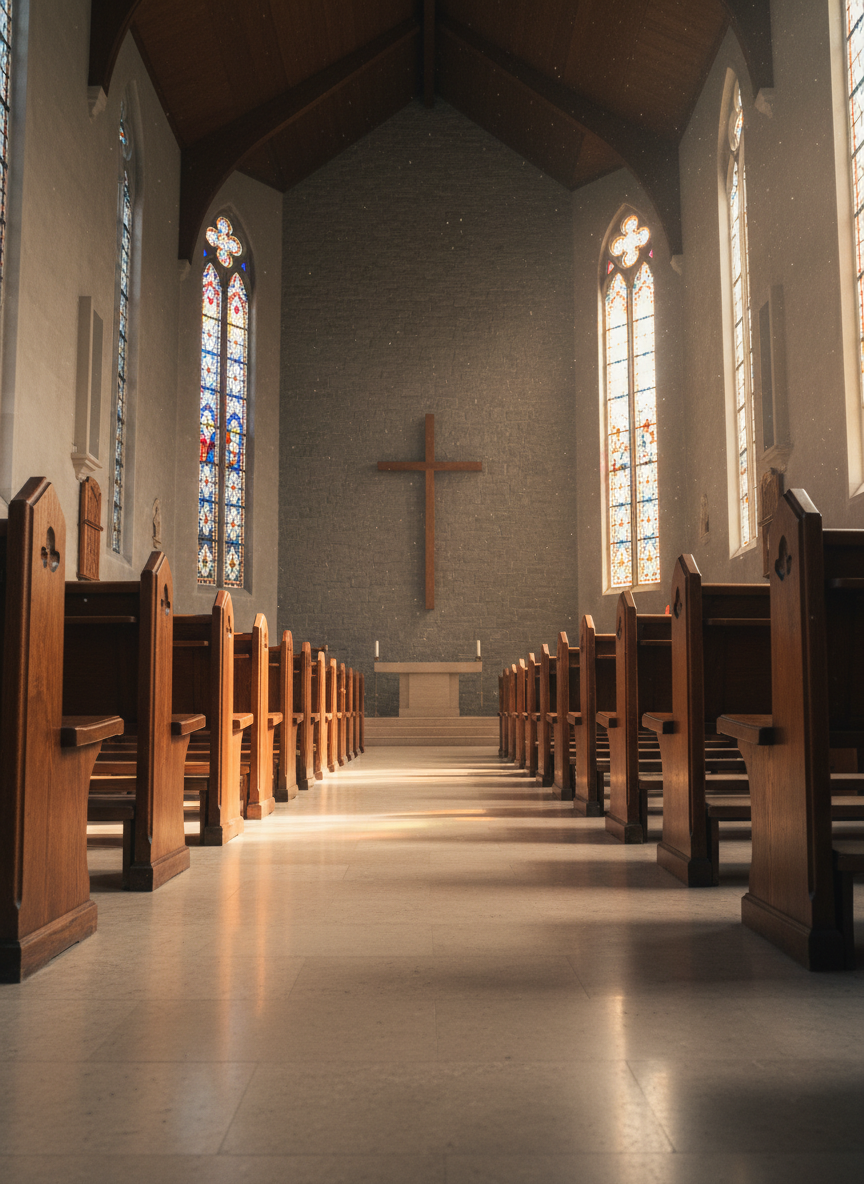 An empty church sanctuary interior with polished wooden pews stretching into the distance, converging toward a simple wooden cross mounted on a stone wall. Sunlight streams through tall stained-glass windows, projecting soft, colorful patterns onto the smooth aisle and the edges of the pews. The camera is placed low in the center aisle, using a wide-angle lens to emphasize depth and perspective, with crisp focus throughout. Dust particles gently glow in the beams of light, adding a sense of stillness and reverence. The atmosphere is serene, professional, and worshipful, captured in clean, photographic realism to convey a space ready for prayer, teaching, and community gathering.