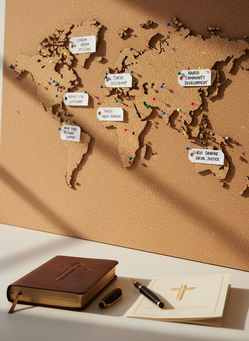 A world map pinned to a corkboard, dotted with small, colorful pushpins and neatly labeled tags indicating cities and regions of outreach. A well-used leather-bound journal, a black fountain pen, and a folded brochure with a subtle cross logo rest on the nearby desk surface. Soft midday light from an unseen window illuminates the scene, creating clear, gentle shadows and highlighting the texture of the cork, paper, and leather. Captured at a three-quarter angle with moderate depth of field, the map is in sharp focus while the desk items gradually soften toward the edges. The photographic realism and balanced composition convey a professional, globally minded Christian ministry engaged with current events and connection opportunities.