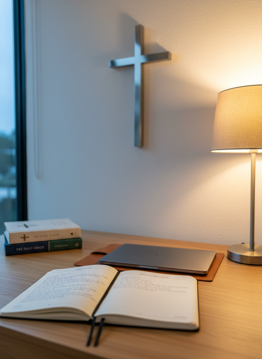 A sleek wooden writing desk holds an open notebook with neatly written reflections, a closed laptop, and a small stack of faith-based books with tasteful, minimal covers. A simple metal cross decorates the wall above the desk, and a small lamp with a linen shade provides warm, focused light, complemented by faint blue evening light filtering through a nearby window. The composition is shot from a slightly elevated angle, with the notebook in the foreground and the cross softly blurred in the background, creating a shallow depth of field. The mood is professional yet personal, suggesting a Christian ministry workspace where messages, devotionals, and current events are thoughtfully prepared in a clean, modern photographic style.