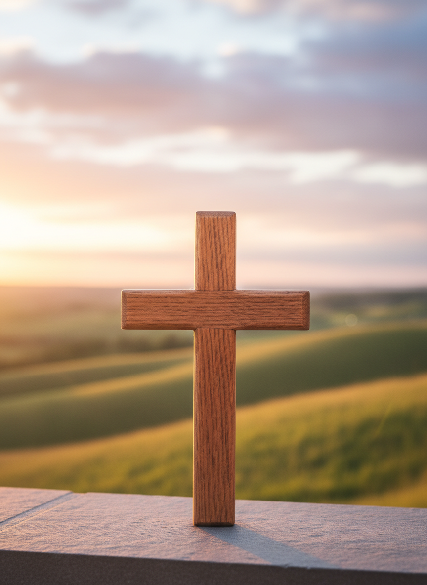 A close-up of a simple wooden cross standing on a smooth stone ledge outdoors, with a sweeping landscape of rolling hills and a soft, pastel sunset sky in the distant background. The cross’s grain and slightly worn edges are captured in crisp detail, while the hills and sky blur into a gentle bokeh. Warm, low-angle evening light grazes the wood, creating soft highlights and a thin rim of light along the edges. The camera is positioned at cross height for an eye-level composition, emphasizing reverence and focus. The overall mood is peaceful and contemplative, rendered in clean photographic realism suitable for a Christian ministry header or devotional theme image.