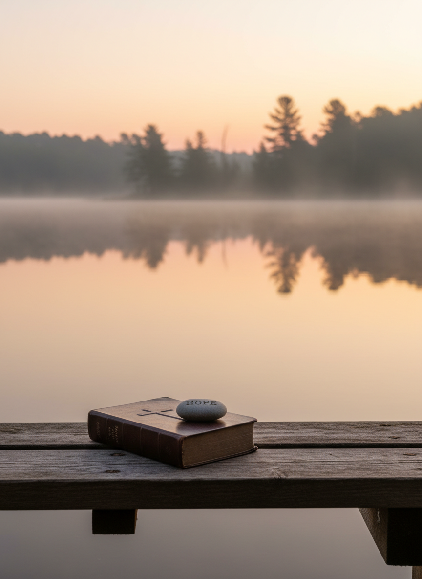 A peaceful lakeside at sunrise, with calm water reflecting the soft pink and gold hues of the sky. In the foreground, a weathered wooden bench faces the water, and on the bench sits a closed Bible with a simple embossed cross on the cover. A small, smooth stone with the word “Hope” engraved rests on top. Mist gently hovers over the distant shoreline with tree silhouettes softened in the background. The composition is framed using the rule of thirds, with the bench and Bible slightly off-center. The natural, golden-hour lighting and photographic realism create a serene, hopeful atmosphere that suggests quiet prayer, testimony, and spiritual renewal in God’s creation.